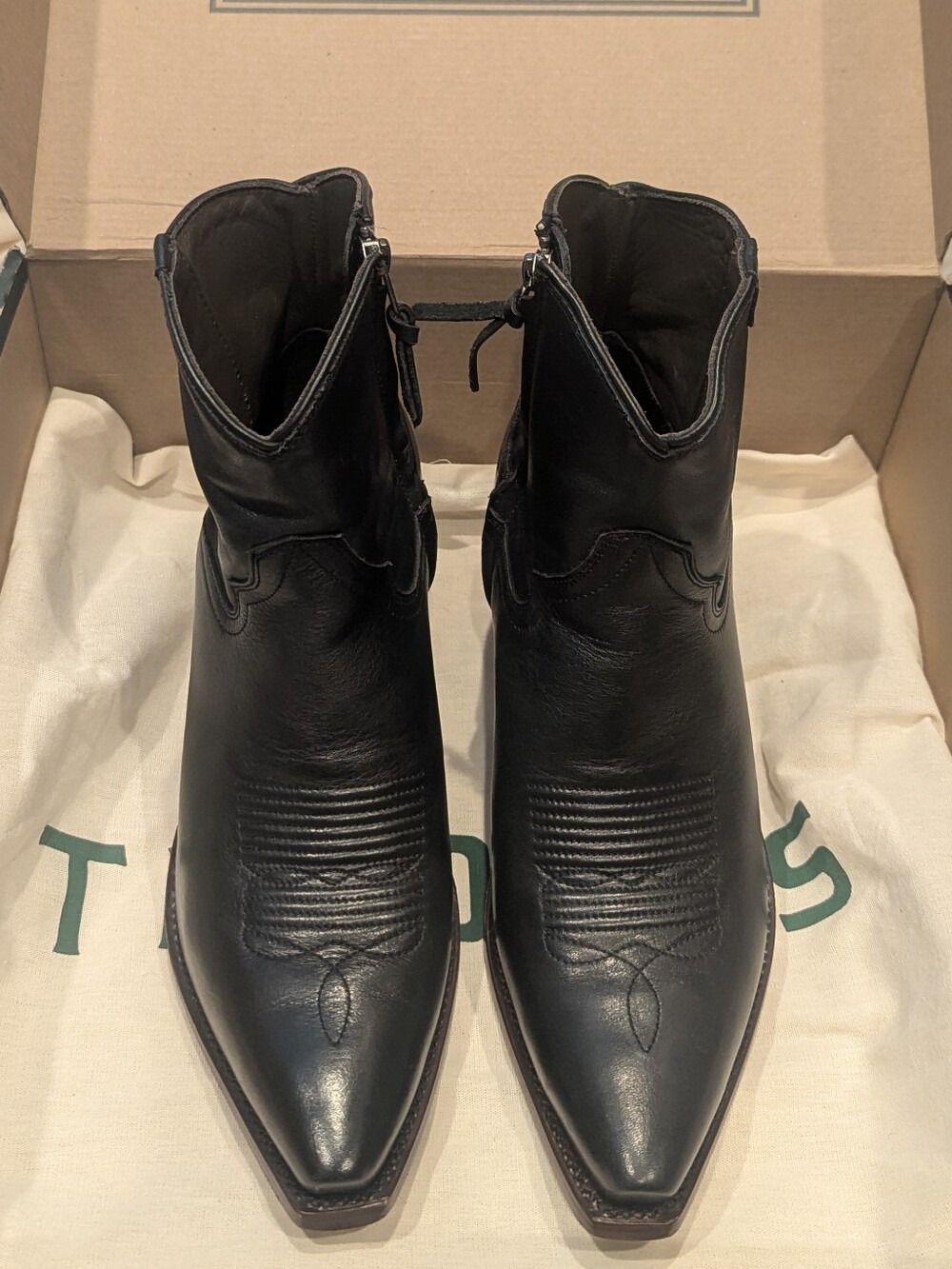Tecovas The Daisy Black Leather Pointed Toe Western Ankle Boots - Picture 4 of 7